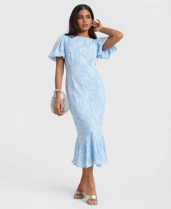 Needs No Label Blue Jacquard Shimmer Puff Sleeve Midi Dress