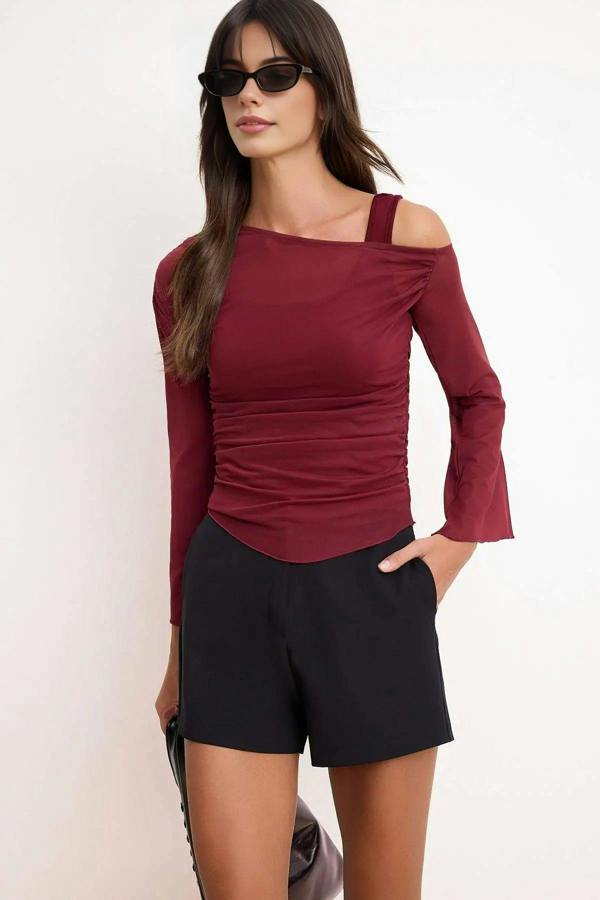 WOVCOR Fitted Asymmetric Neck Long Sleeve Ruched Mesh Blouse