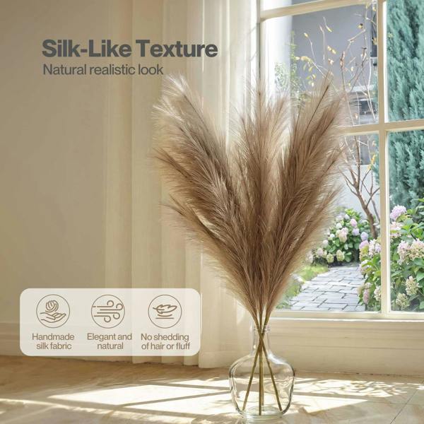 Santaco Pampas Grass Artificial 3Pcs 116cm Handcrafted Faux Silk Vase Brown
