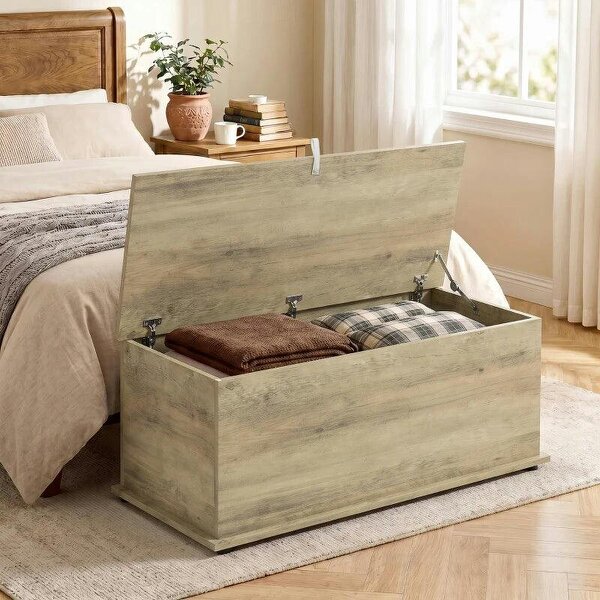 Large 114L Storage Chest Grey Wood Bench Trunk with Safety Lid for Bedroom Hallway and Living Room 100 x 40 x 40cm