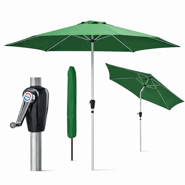 GlamHaus Tilting Garden Parasol Table Umbrella 2.7M with Crank Handle, UV40 Protection, Includes Protection Cover - Green