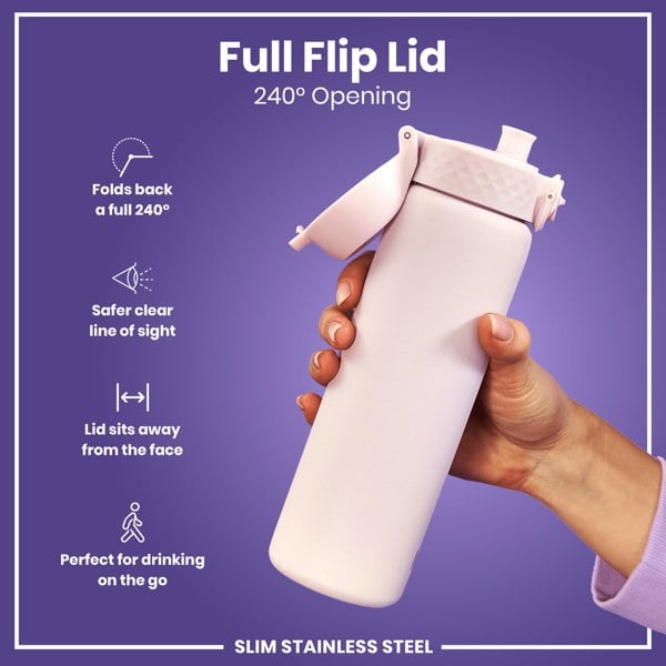 A lavender-colored, slim stainless steel water bottle is held; its full flip lid is open 240 degrees, showcasing a clear line of sight; the bottle is being shown against a purple background.
