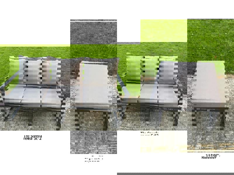 Fimous 5 Pieces Garden Furniture Set Aluminium Adjustable Rising Lifting Dining Table and Sofa Set with 2 Small Footstools Dark Grey