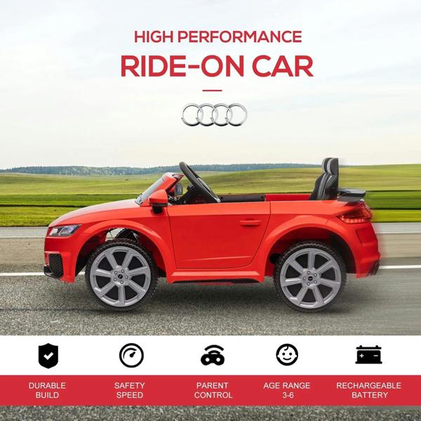 Red kids Audi TT RS Roadster ride-on car with black wheels and black padded seats