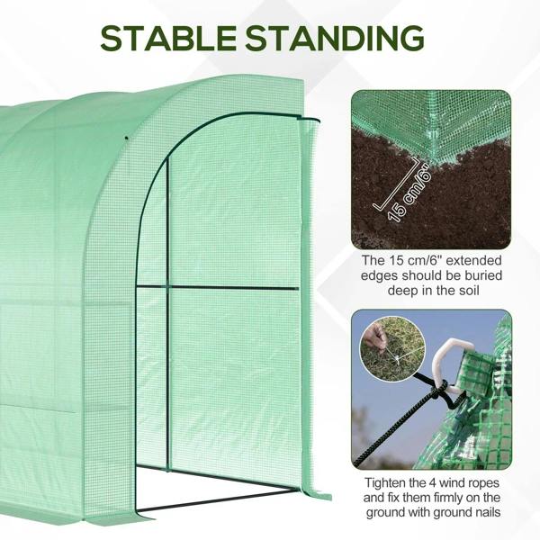 Green greenhouse arched door frame with zippered panel and window screen