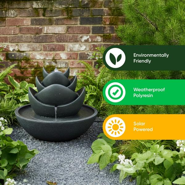Gardenwize Solar Water Feature – 3 Tier Lotus Fountain with LED Lights & Battery Backup