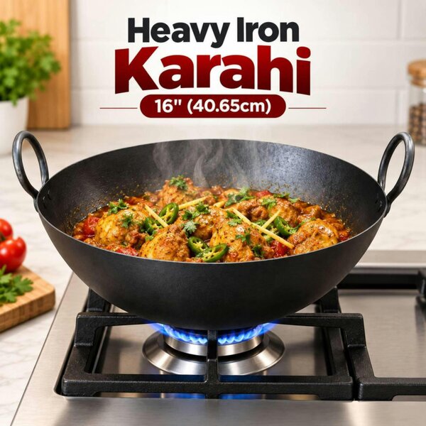Dyzi 16 Inch Heavy Iron Karahi Deep Frying Cooking Pan with Handles Black