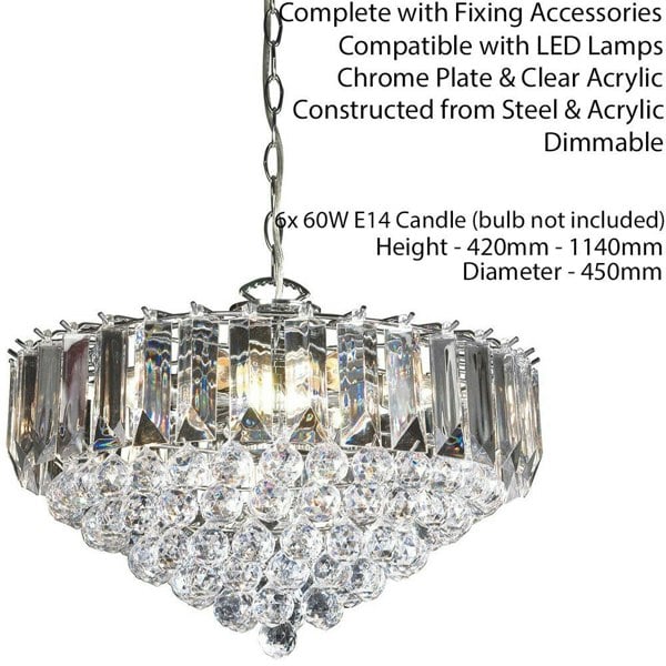 6 Light Chandelier Pendant Chrome Clear Shade Hanging Ceiling Feature Lamp Bulb Loops