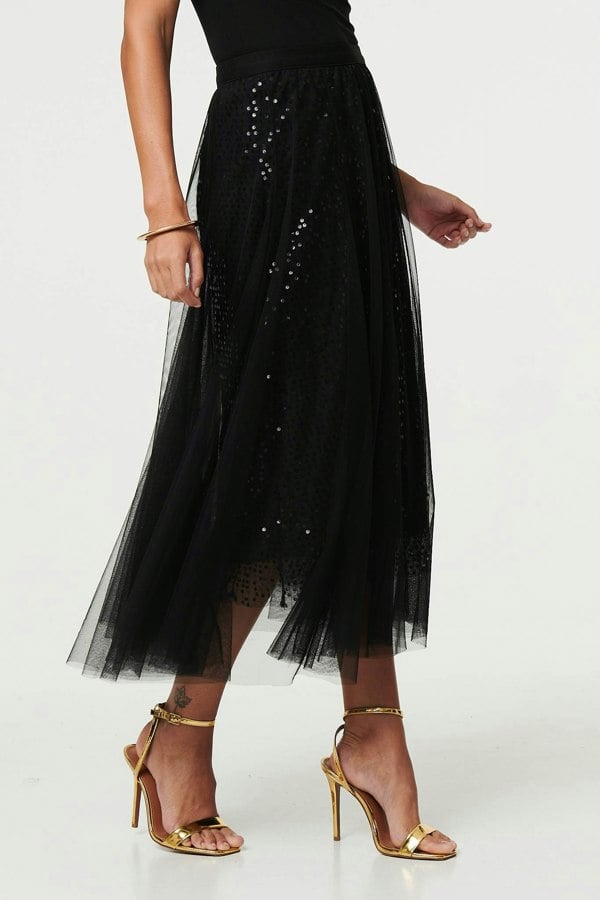 Black | Embellished Mesh Layer Midi Skirt
