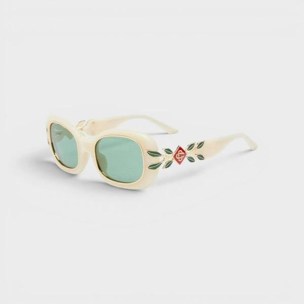 Casablanca Acetate Metal Oval Sunglasses Laurel Detail Cream Gold Laurel Green