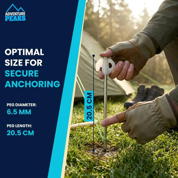 Adventure Peaks Steel Tent Pegs with Glow Heads - Set of 20 Zinc Plated Metal Ground Pegs with Peg Puller, Camping & Gazebo Pegs