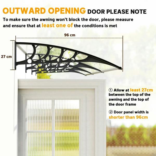 Clear door canopy with black arched front rail and wall-mount bracket, side view