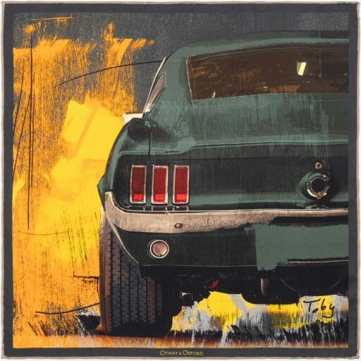 Otway & Orford 'Muscle Car' silk pocket square in green & orange (42 x 42cm)