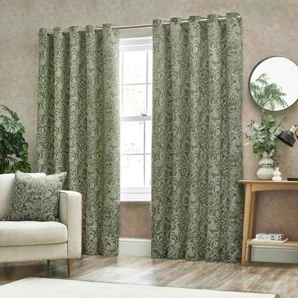 Wylder Bali Jacquard Botanical Eyelet Curtains - Olive - 
