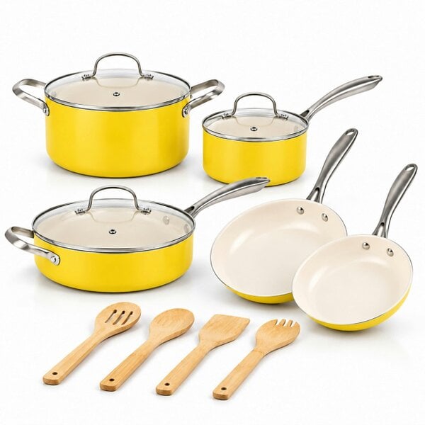 Gr8 Home 12 Pcs Ceramic Non Stick Induction Cookware Set Yellow Pots & Pans Lids Utensils