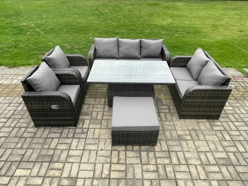 Fimous Rattan Outdoor Garden Furniture Sets Height Adjustable Rising lifting Dining Table Reclining Chair Sofa Set with Big Footstool Dark Grey Mixed