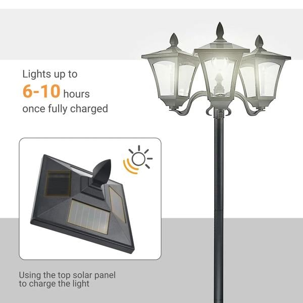 Black solar post lantern with solar panel charging and runtime charging graphic