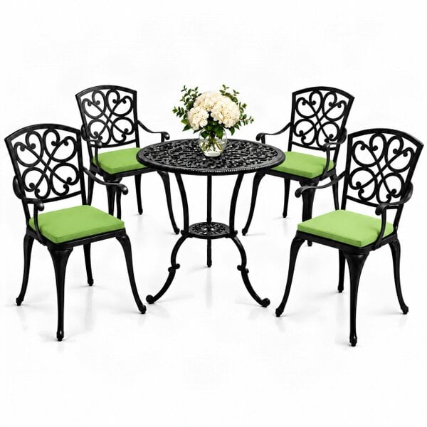 Centurion Supports VIVALDI Black 5-Piece Cast Aluminium Garden Bistro Set - with Green Cushions