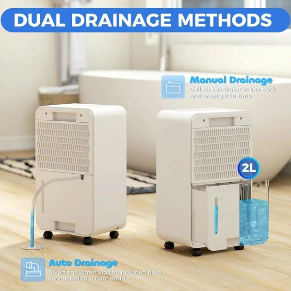 White portable dehumidifier with air purifier, side drain ports and water tank