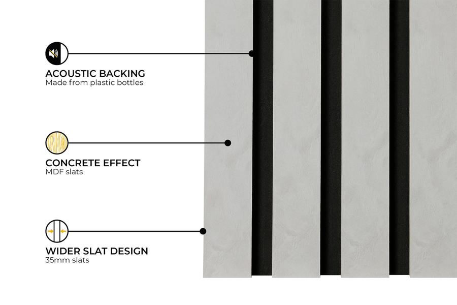 Fuse Acoustic Wooden Slatted Wall Panel in Concrete Effect, 2.4m x 0.6m