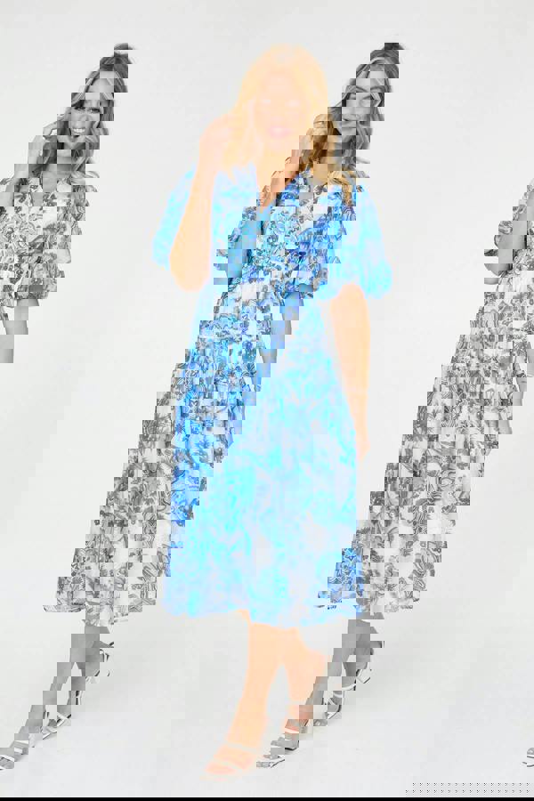 Blue | Floral Tiered Puff Sleeve Midi Dress