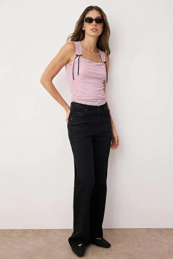 Hoxton Gal Square Neck Mesh Lined Fitted Crop Top with Bow Detail