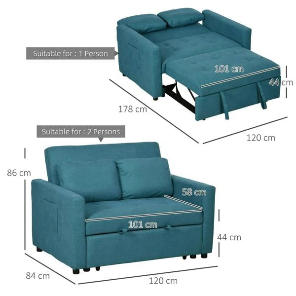 Blue loveseat sofa bed with pull-out bed platform and two-seat cushions