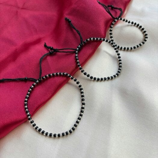 The Colourful Aura Adjustable Silver Black Beads Bracelet For Newborns and Adults
