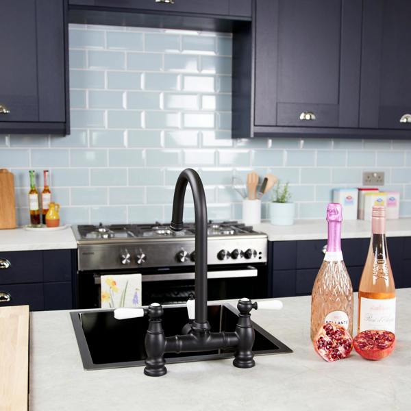 Flode klas | Traditional Bridge Style 3 in 1 Instant Boiling Tap | White Ceramic Levers | Matt Black Finish