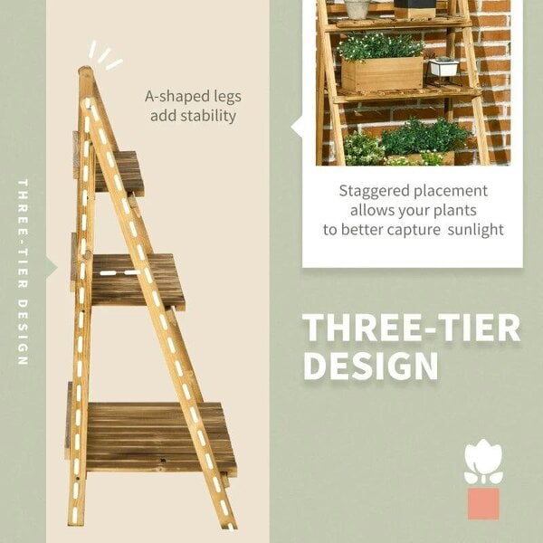 Bobobiy Wooden Folding Flower Pot Stand 3 Tier Garden Planter Display Ladder Gardener Storage Shelves Rack Herb Holder (60L x 37W x 93H cm)
