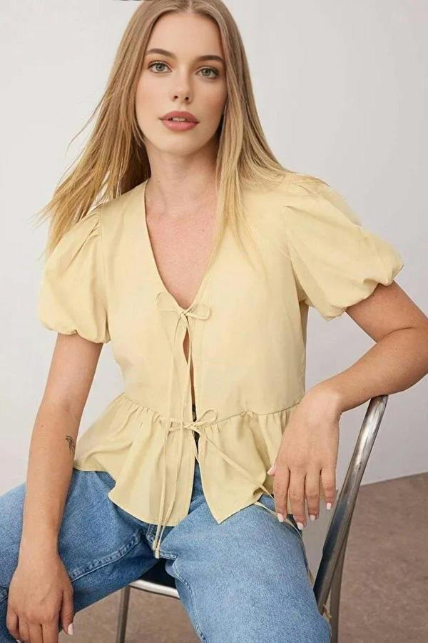 WOVCOR Tie Front V-Neck Short Sleeve Woven Shirt