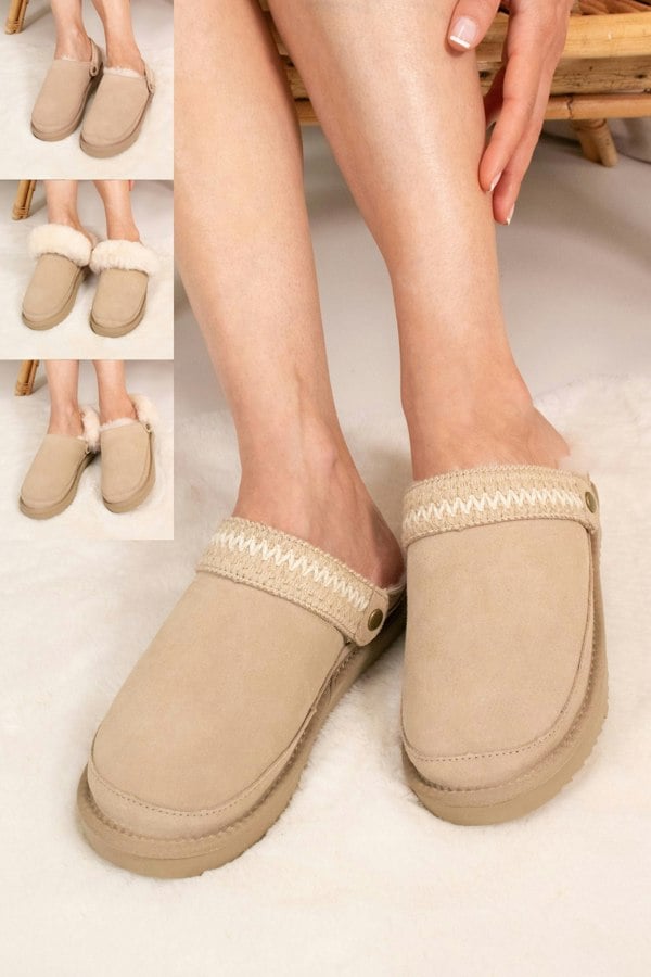Pretty You London Women's Hallie Sheepskin Multiway Slippers in Beige