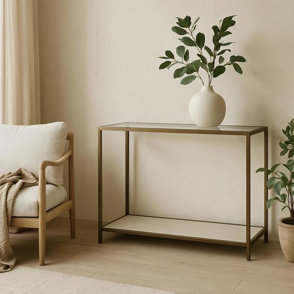 Wyld Haus Aracaju Ivory Shagreen and Brass Glass Top Console Table
