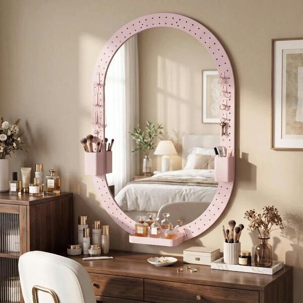 Oval Wall Mirror, 60 x 90 cm Decorative Hanging Mirror with Pegboard Frame, Wall-Mounted, Pink