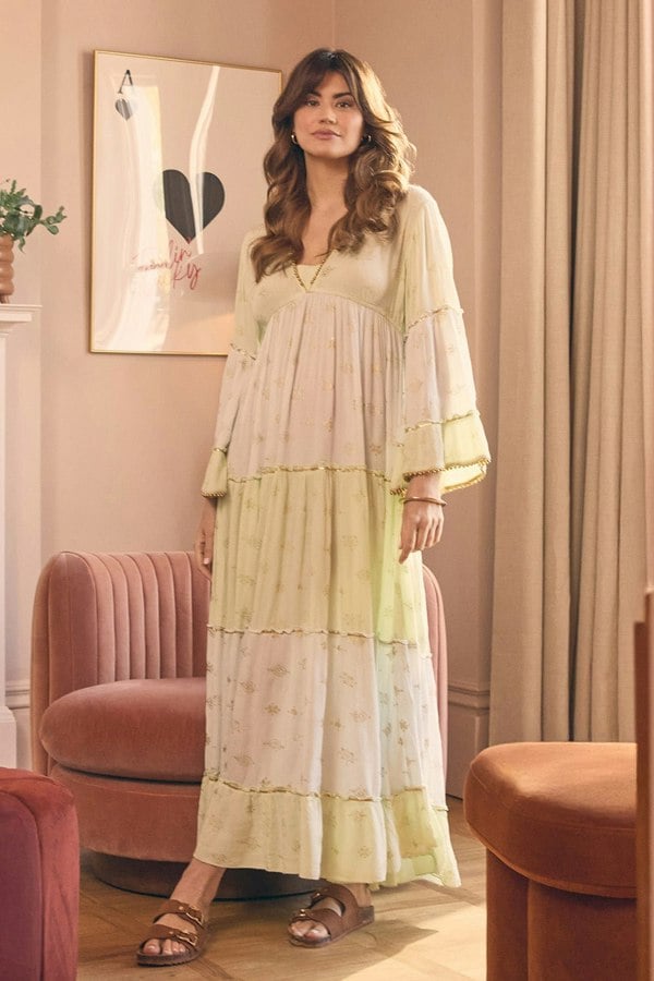 Green | Embellished Tiered Empire Maxi Dress : Model is 5'9"/175 cm and wears UK10/EU38/US6/AUS10