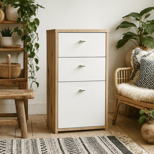 Wyld Haus Willowmere White and Natural Artisan Wood Chest Storage Cabinet 2 Drawers 1 Door