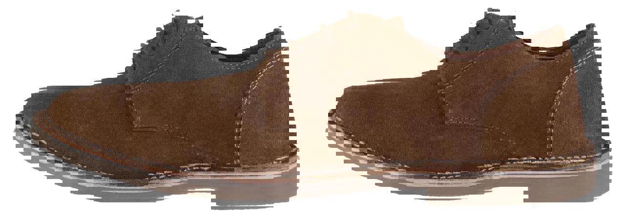 Lambretta Clerkenwell Mens Casual Derby Suede Lace Up Shoes, brown suede lace-up shoes with a rounded toe and white stitching.