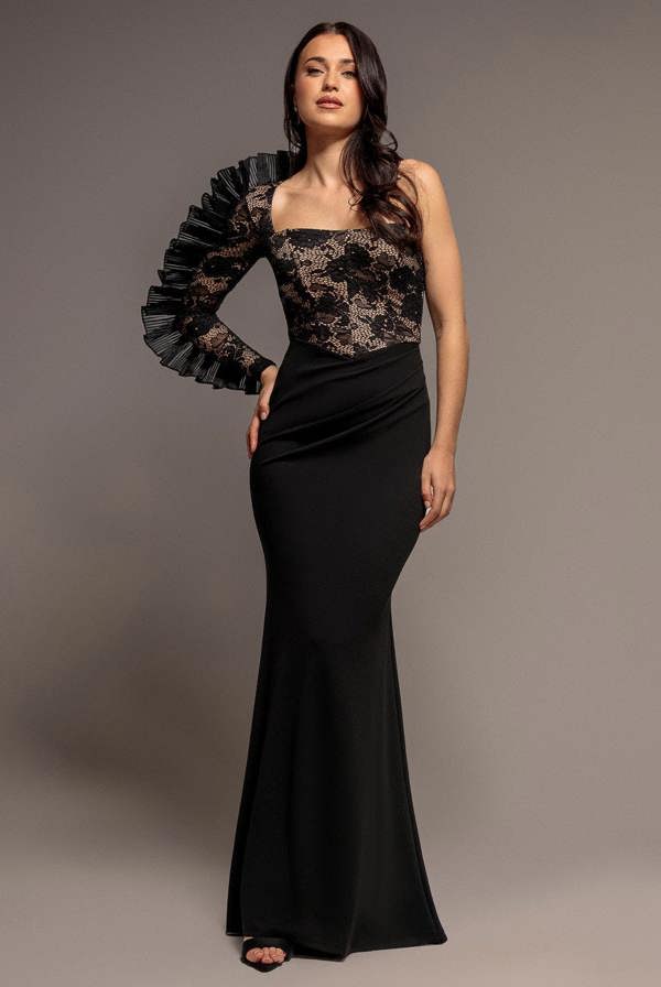One Shoulder Organza  Fan Detail Lace Bodice Maxi Dress - Black DR4577