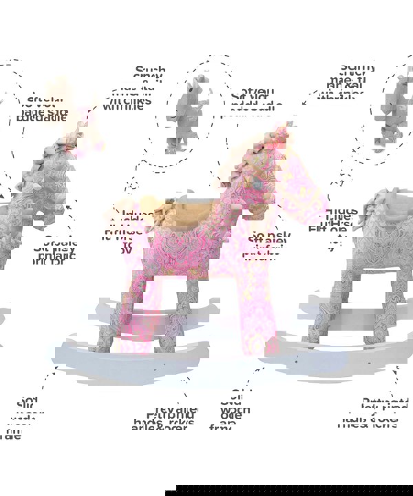 Infographic image of Pixie & Fluff Rocking Horse showing features and benefits