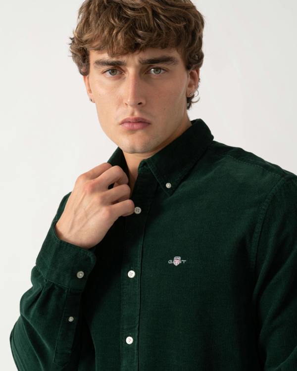 Close up of GANT Mens Regular Fit Corduroy Shirt - 374 Tartan Green