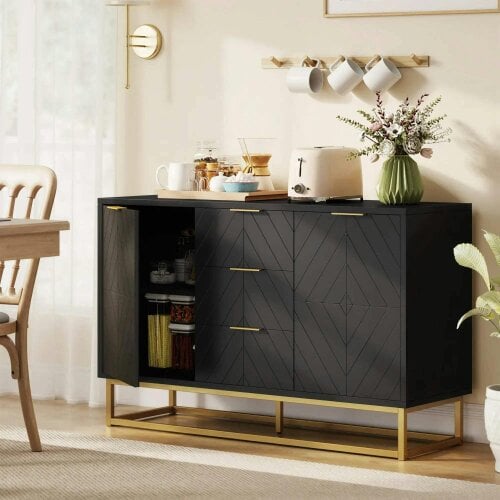 Sideboard with 3 Drawers and Adjustable Shelves for Living Room - Black