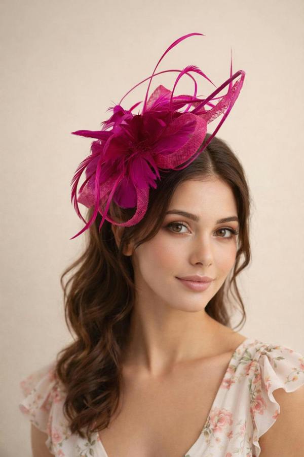 SVNX Floral Feather Fascinator with Loops in Fuchsia