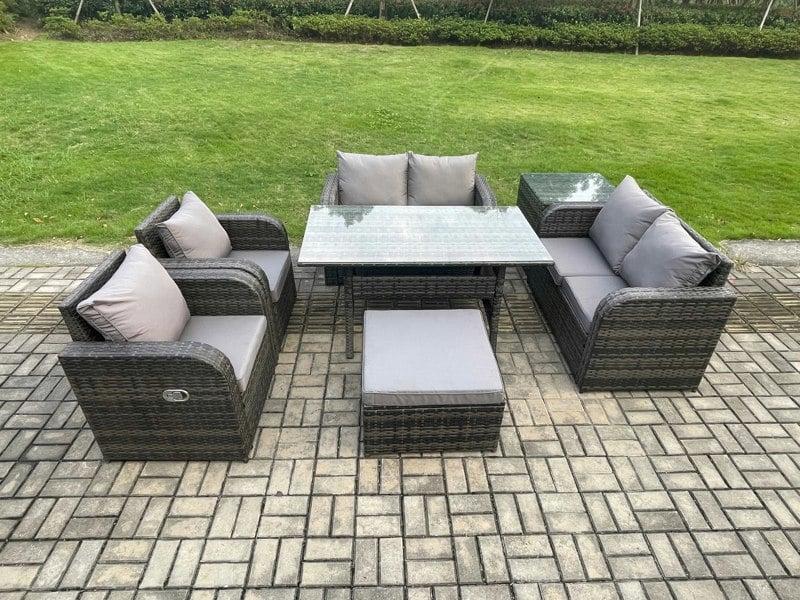 Fimous Rattan Outdoor Furniture Garden Dining Set Rectangular Table and Chair Sofa Set With Side Table Big Footstool Dark Grey Mixed