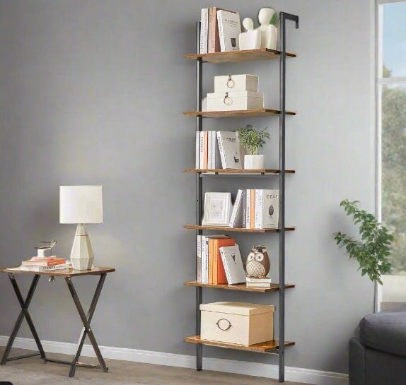 Tall rustic brown 6-tier ladder shelf with black steel frame for books, plants, and home décor

