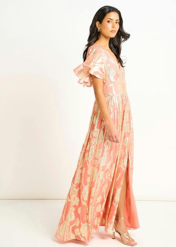 Gini London Pink Metallic Jacquard Flutter Sleeves Floral Maxi Dress