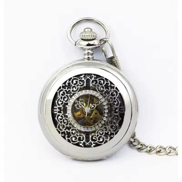 Infinity Leather Antique Brass Alloy Skeleton Half Hunter Pocket Watch