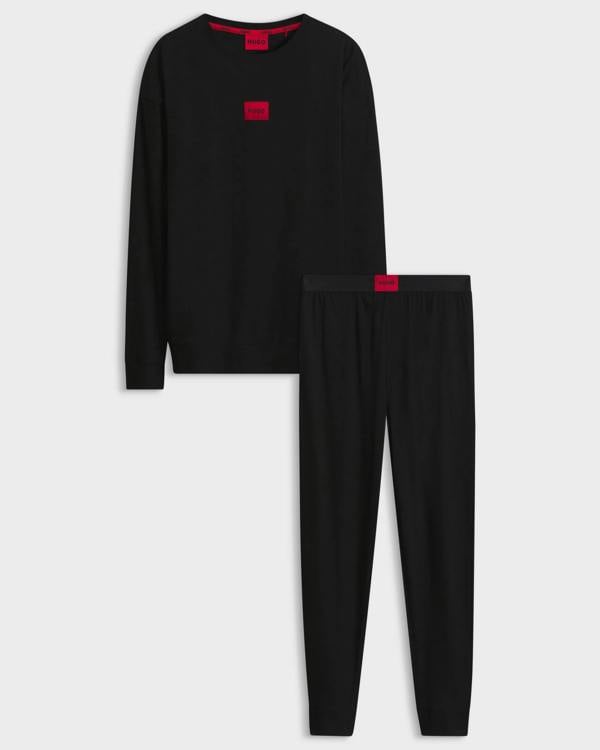 HUGO GALAXY Mens Gift - boxed Long pyjama set in stretch cotton with logos - Black 001 | CHO | Designer Mens,Pyjamas Loungewear & Robes,Pyjamas