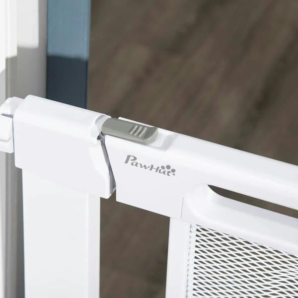 White pet safety gate close-up of latch bar with PawHut logo on arm