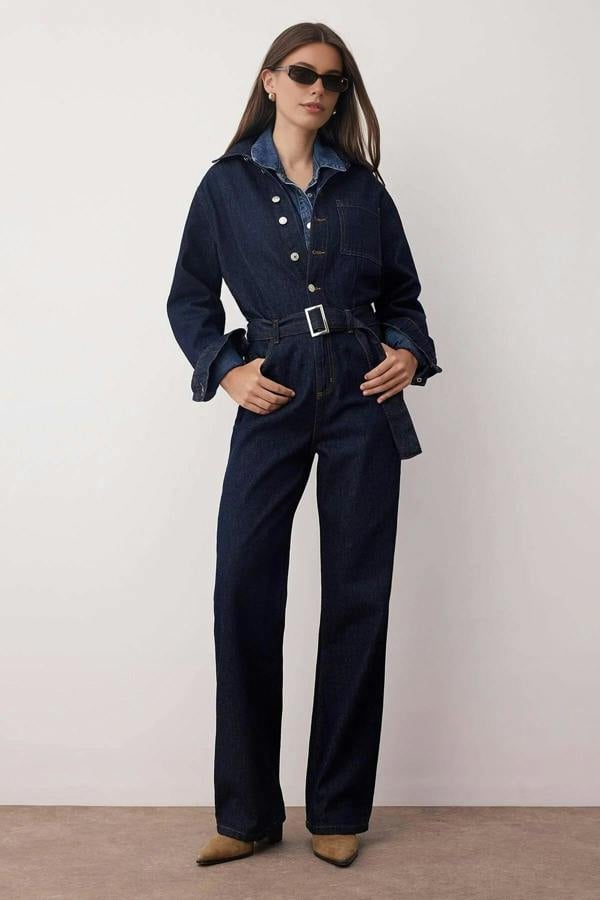 WOVCOR Belted Wide Leg Denim Jumpsuit
