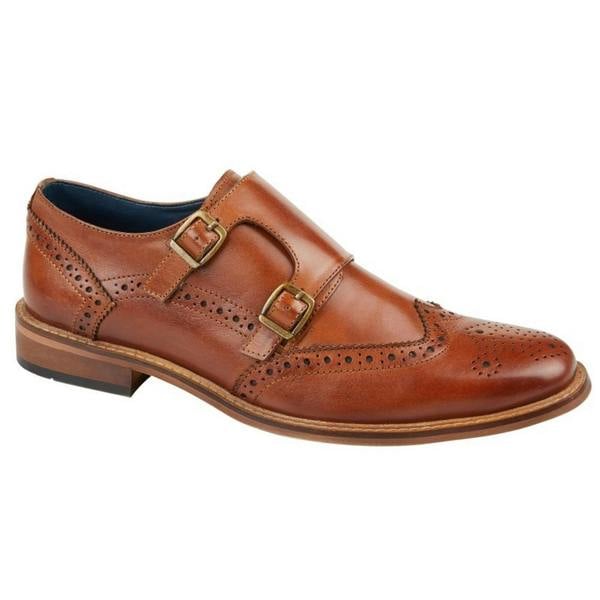 Roamers Mens Leather Double Monk Strap Brogues - Tan - 